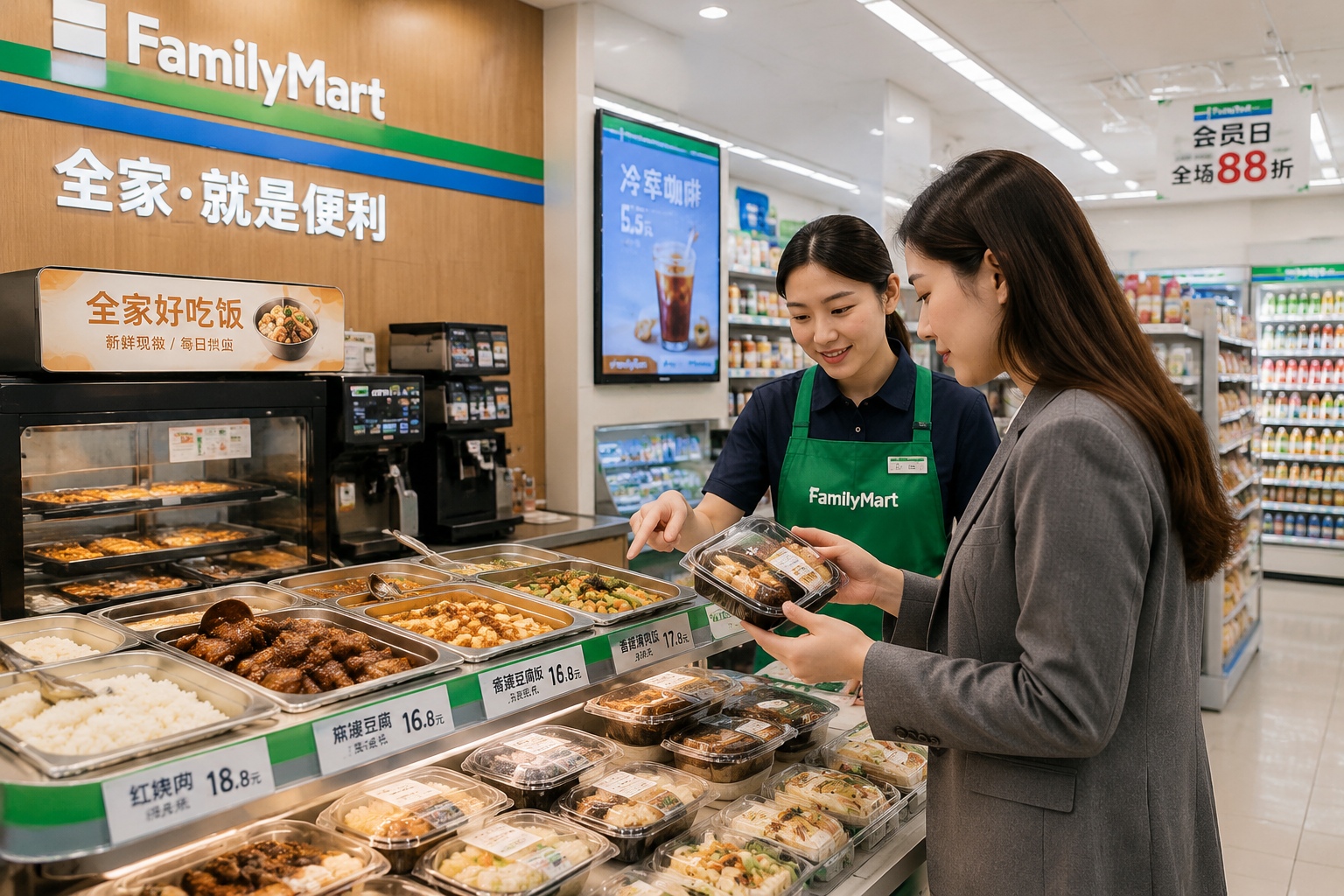 Customer choosing a freshly heated bento box at FamilyMart in Shanghai.