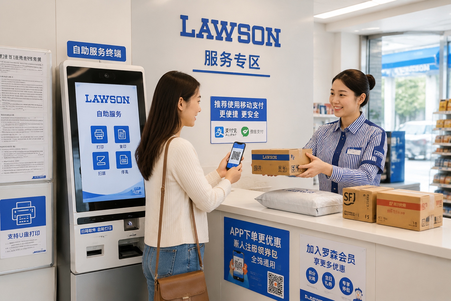 Woman collecting an online shopping parcel at a Lawson convenience store in Beijing.