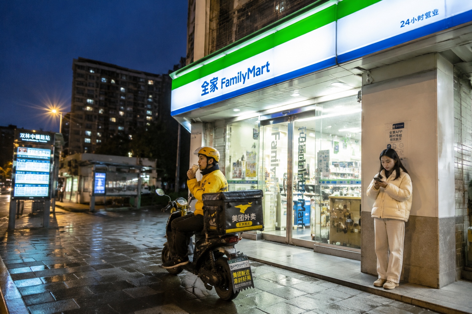 Delivery rider taking a break outside a 24-hour FamilyMart in Chengdu at night.