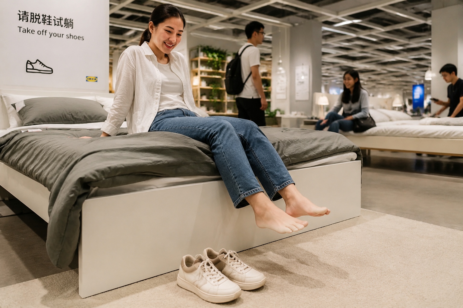 Shoes removed beside an IKEA display bed in China as part of the bed testing culture