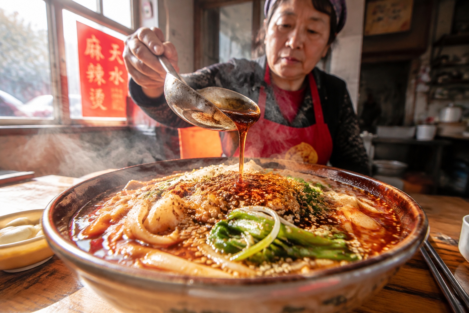 A close-up of a bowl of Tianshui malatang with thick noodles and vegetables coated in red chili oil, steam rising, on a wooden table with chopsticks