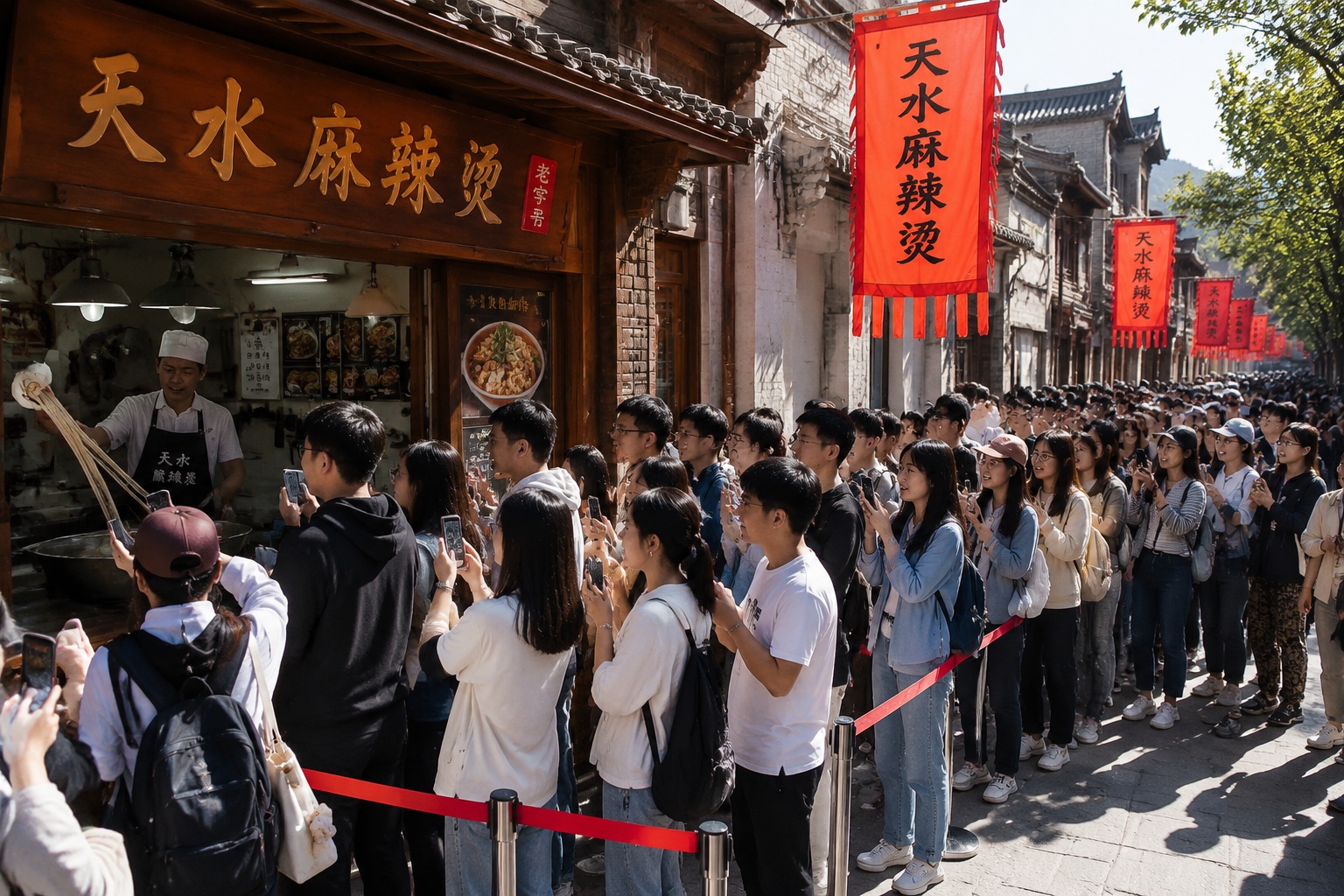 Long queue of young people outside a malatang shop in Tianshui old town, vendor inside pulling dough, red banners overhead