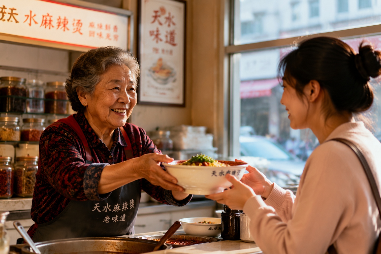 Elderly woman vendor smiling as she hands a bowl of malatang to a young customer in a Tianshui market, jars of spices in background