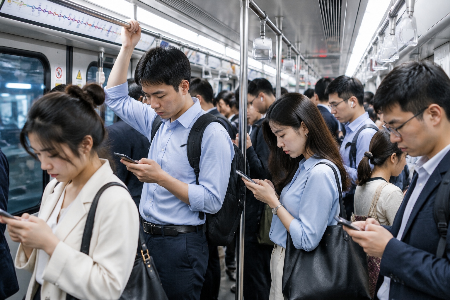 Lying Flat Is Not Laziness: It's the Silent Rebellion of Chinese Millennials 22 Crowded Beijing subway car during evening rush hour with tired young commuters, illustrating the daily pressure of 996 work culture in China.