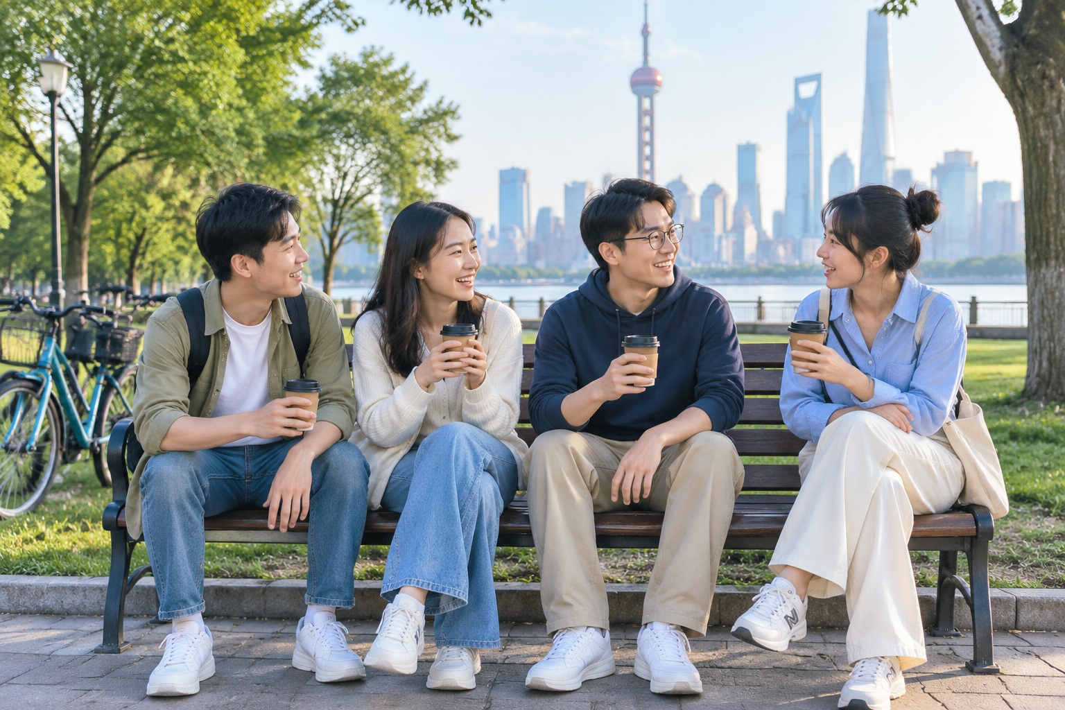 Lying Flat Is Not Laziness: It's the Silent Rebellion of Chinese Millennials 23 Young Chinese adults sitting on a park bench in Shanghai, laughing and talking over takeout coffee, representing the choice to prioritize leisure and friendship over career ambition.
