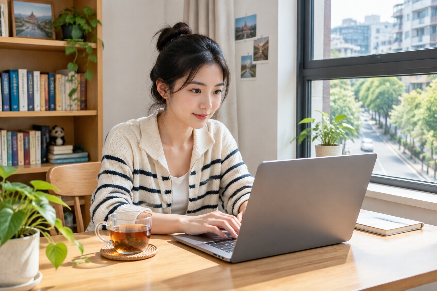 Lying Flat Is Not Laziness: It's the Silent Rebellion of Chinese Millennials 24 A young Chinese woman freelancing from a small, sunlit apartment in Chengdu, representing the shift to remote work and a slower pace of life.