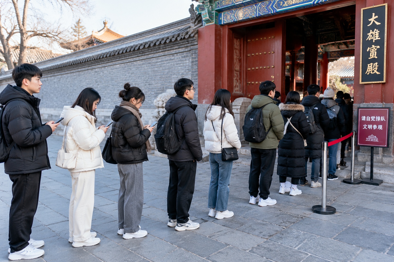 Why Are the Most Fashionable Chinese Youths Flocking to Thousand-Year-Old Temples? 22 Young visitors queue along a grey temple wall outside Yonghe Temple in Beijing on a cold Saturday morning