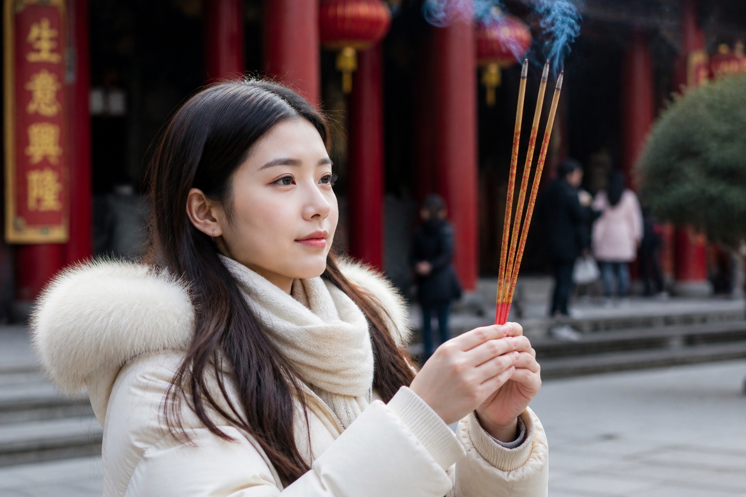 Why Are the Most Fashionable Chinese Youths Flocking to Thousand-Year-Old Temples? 23 A young woman holds three burning incense sticks in a temple courtyard in China, smoke rising in front of blurred red pillars