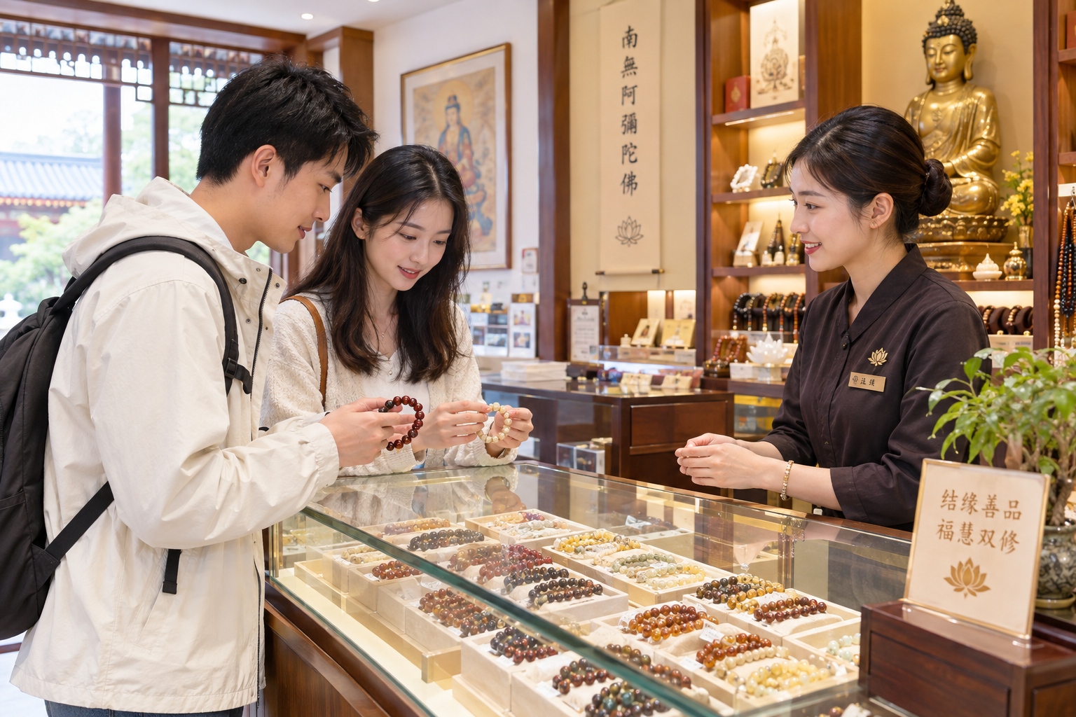 Why Are the Most Fashionable Chinese Youths Flocking to Thousand-Year-Old Temples? 24 Young Chinese shoppers look at beaded bracelets in glass cases at a temple dharma-goods counter in Beijing