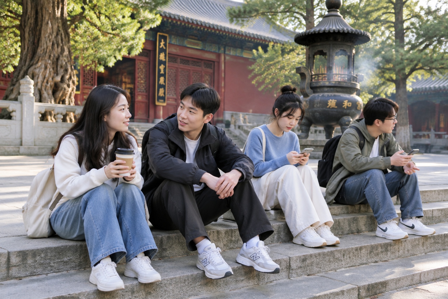 Why Are the Most Fashionable Chinese Youths Flocking to Thousand-Year-Old Temples? 25 Young people sit on stone steps in a temple courtyard in China, one holding a takeaway coffee cup, with an incense burner behind them