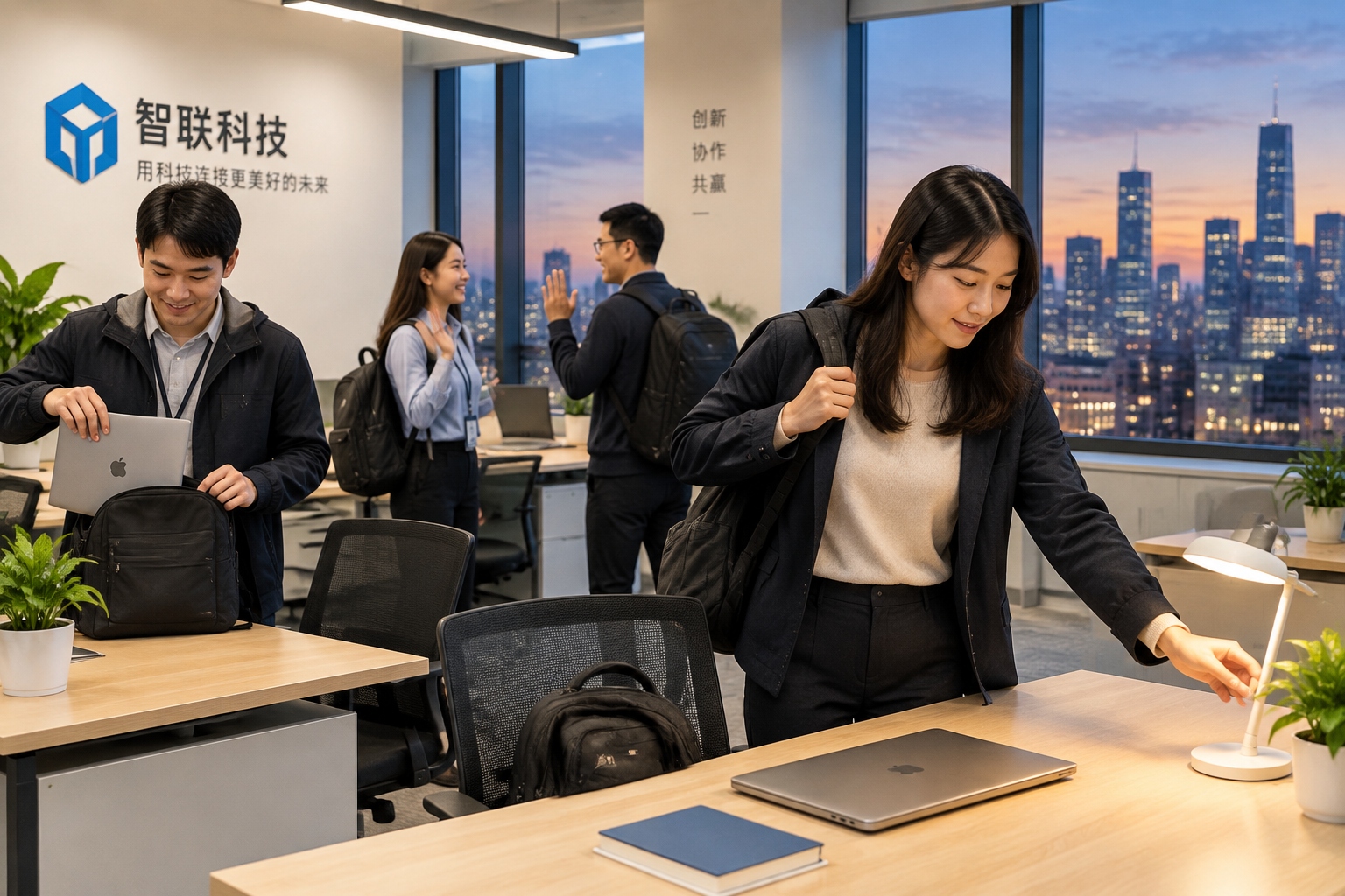 Young Chinese office employees leaving a technology company around 7 p.m., showing changes in China’s 996 overtime culture