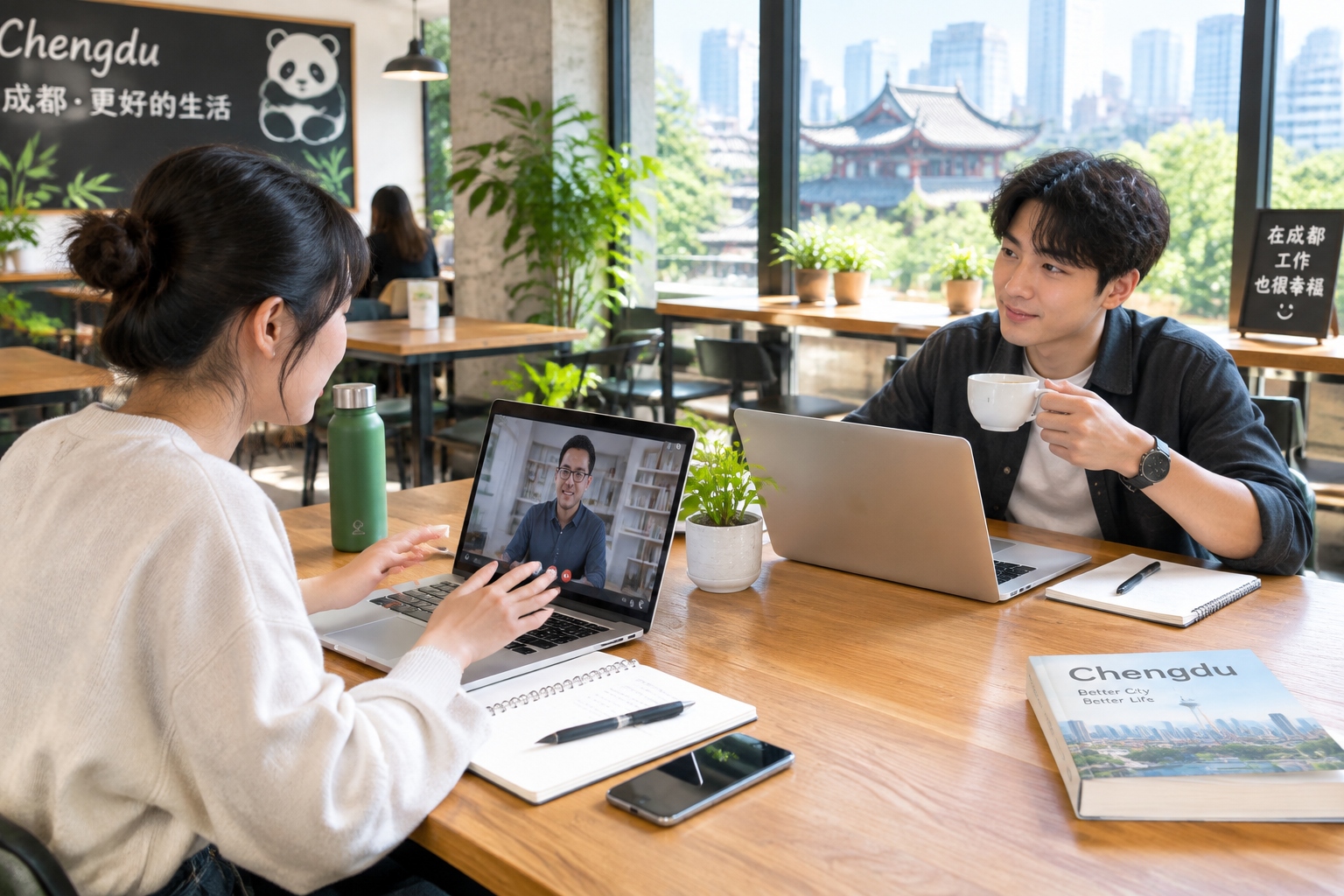 Chinese freelance workers using laptops in a Chengdu co-working café, representing flexible work outside the traditional 996 schedule