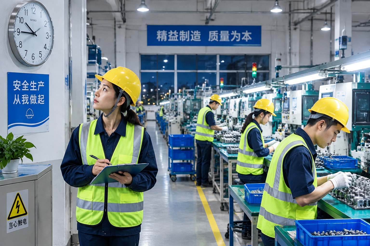 Chinese factory workers on a late night production line, showing long work hours remain common in manufacturing despite attitude changes in office jobs