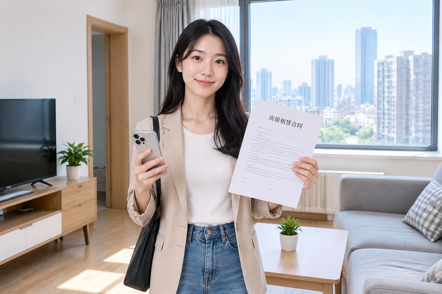 A young woman in Beijing reviewing a rental contract in her small apartment.