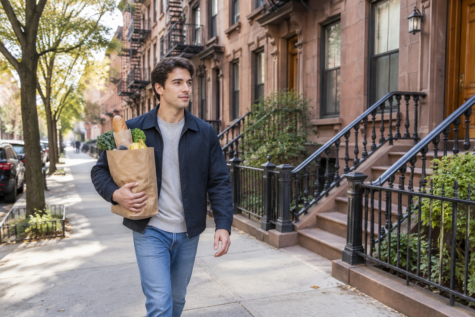 A young man carrying groceries on a Brooklyn street lined with brownstones.