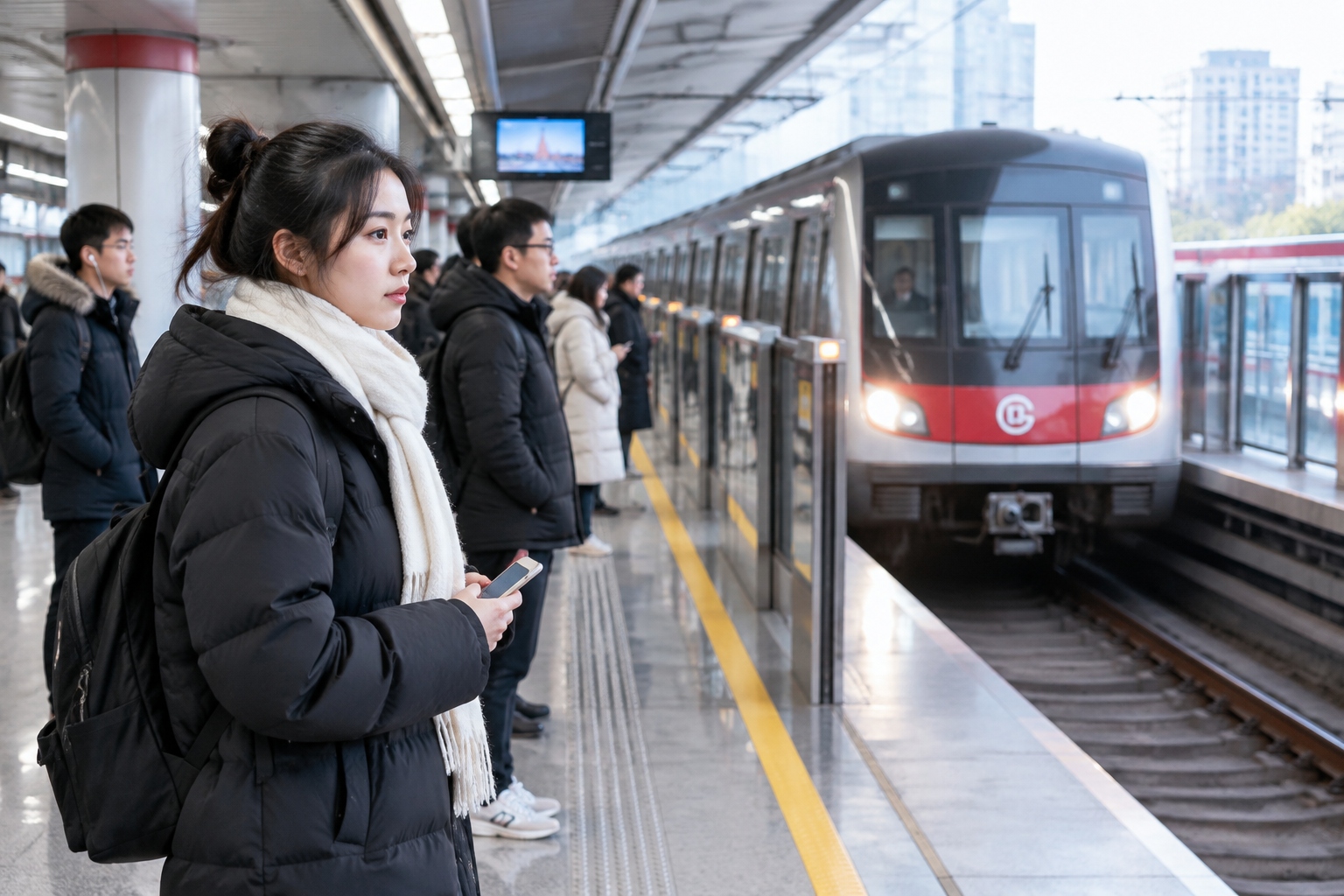 A commuter waits on a Beijing subway platform during rush hour.