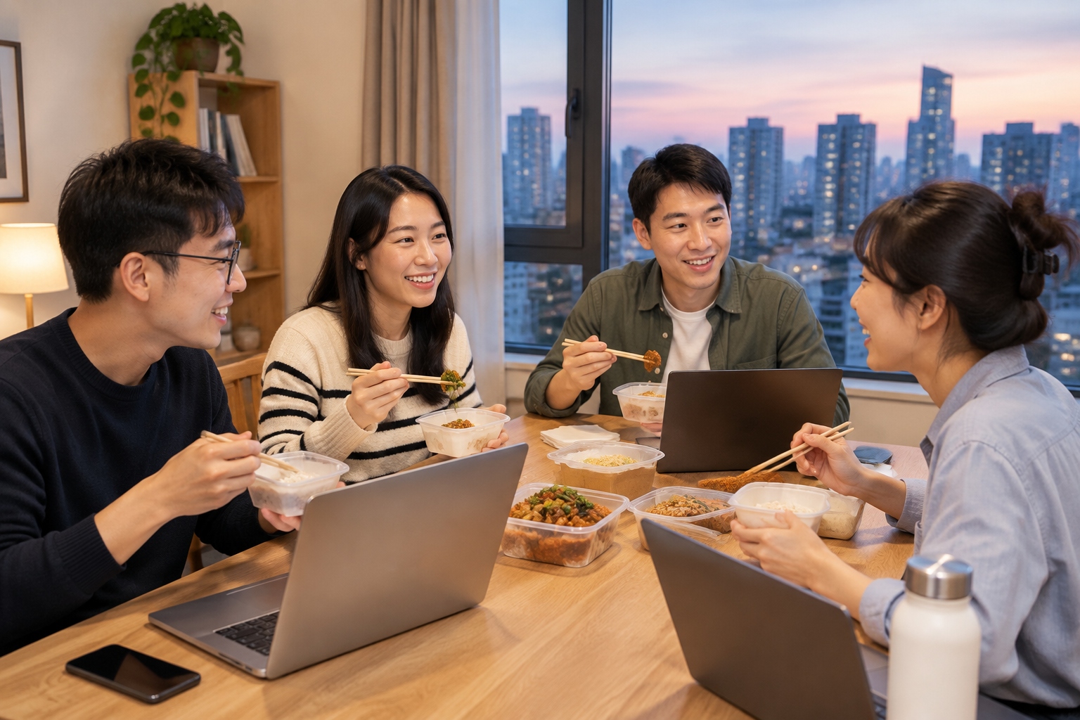 Four young professionals eating takeout together in a shared Beijing apartment.