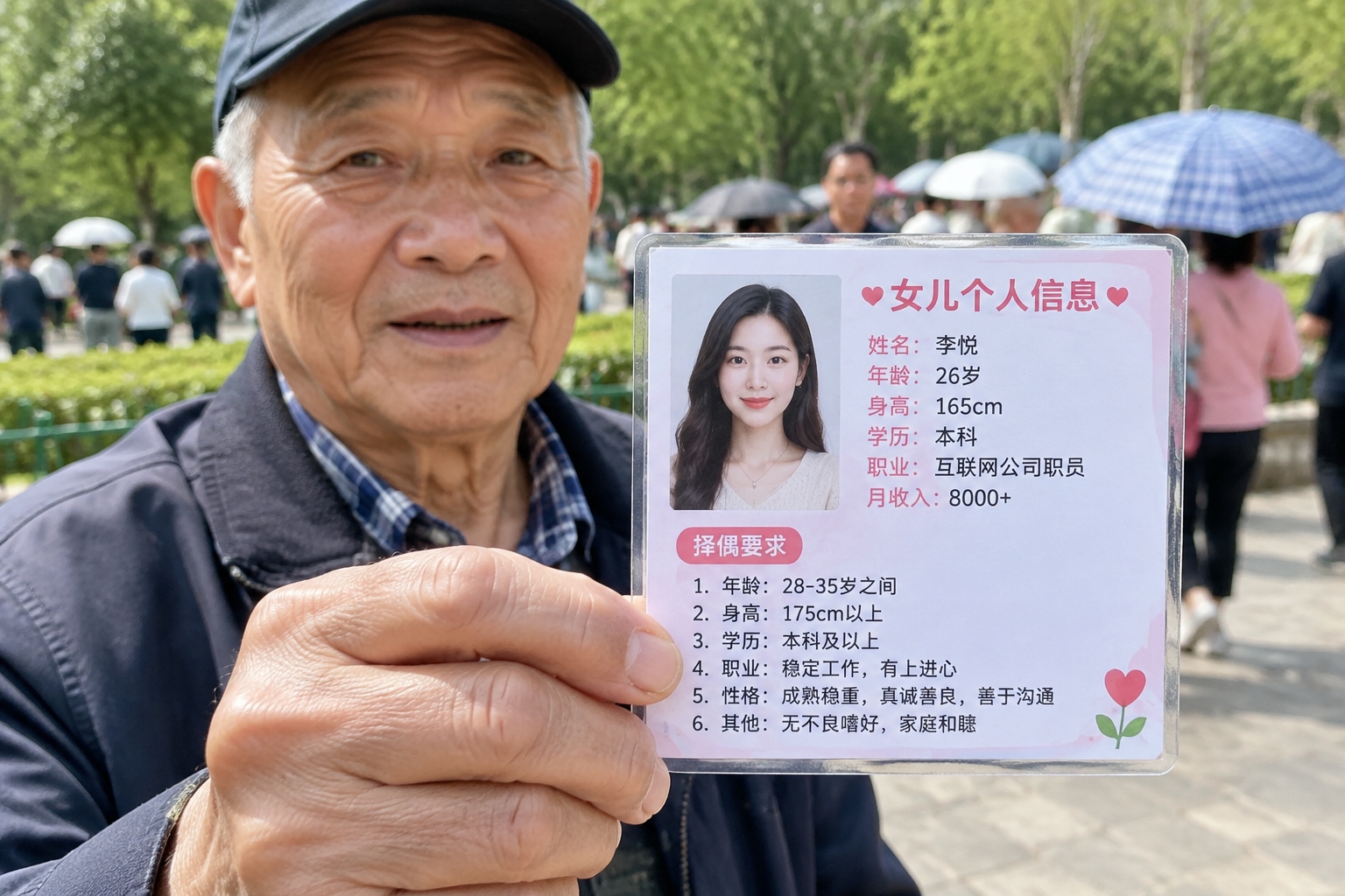 "Leftover Men" and "Leftover Women": Inside China's Park Matchmaking Market 23 A close-up of a laminated personal resume card at a Chinese park matchmaking corner