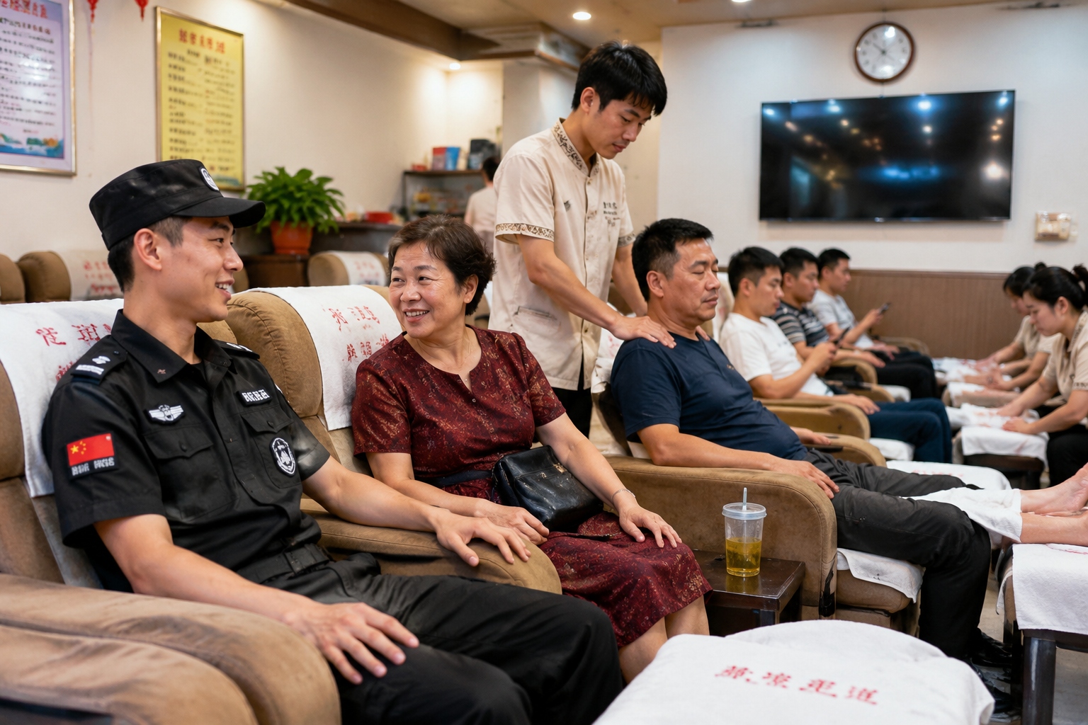 A security guard, a retired woman, and a young office worker sit side by side in a Chinese foot massage parlor, chatting while a therapist works, showing the social and inclusive atmosphere.