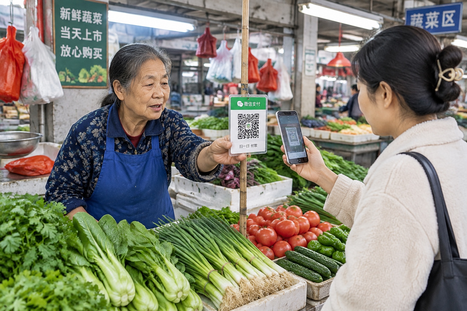An elderly vegetable vendor at a Chinese wet market holds a QR code for mobile payment while a customer scans it with a smartphone