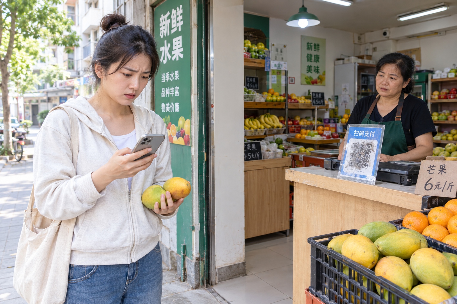 A customer holding mangoes checks his phone outside a fruit shop where the QR code payment sign is damaged and unusable