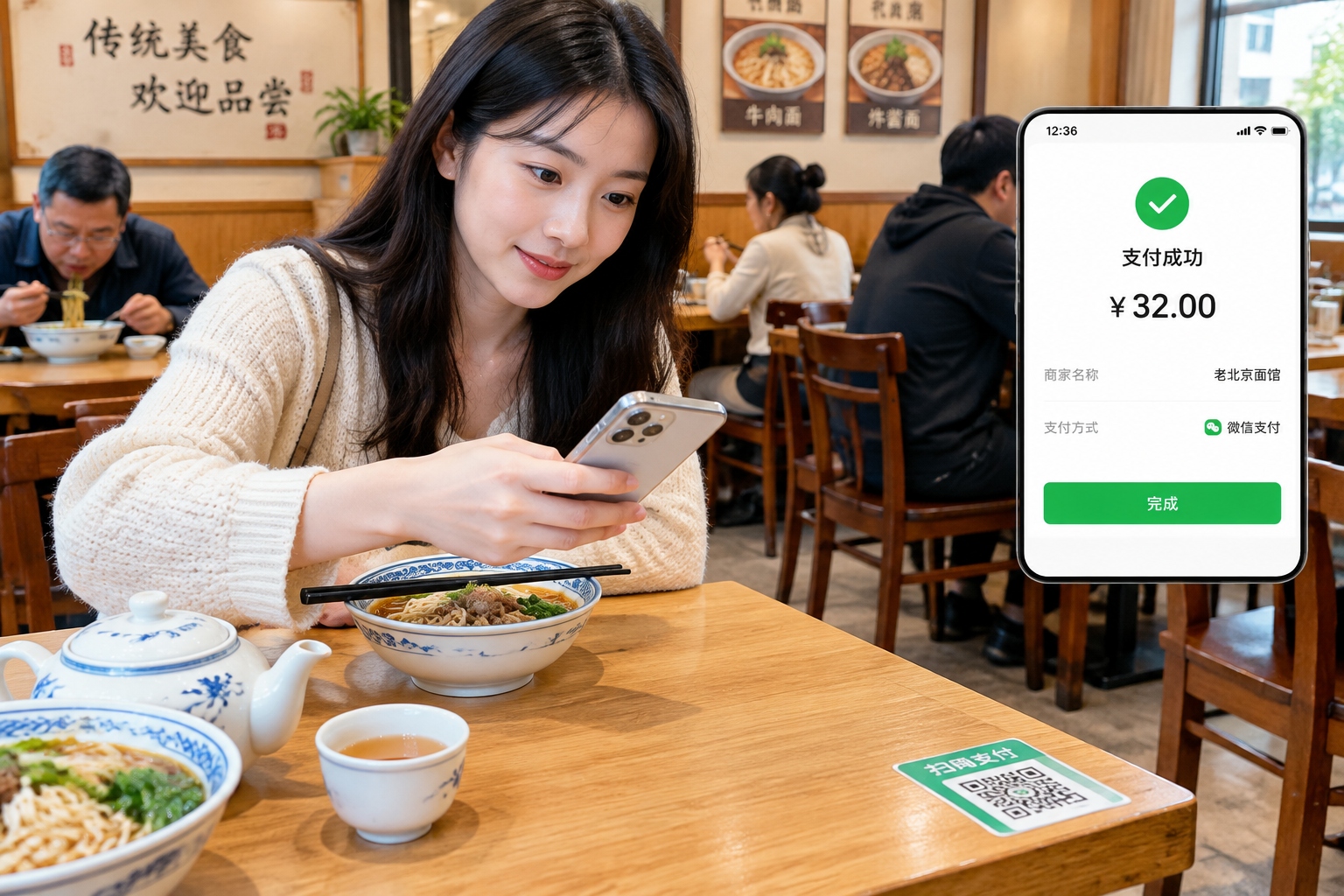 A diner scans a QR code on the table to pay the bill at a small restaurant in China while other customers eat nearby