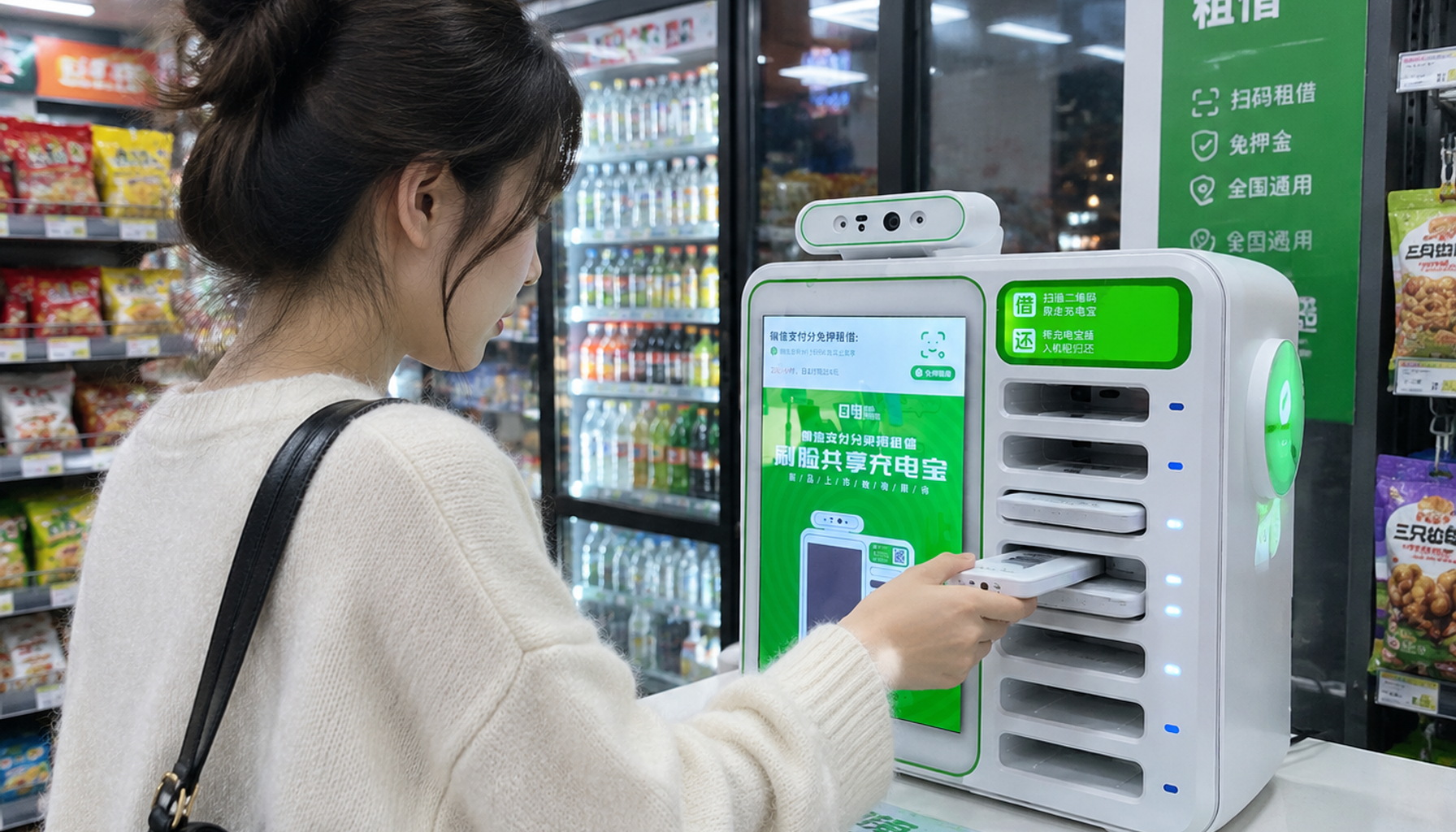 A woman returns a shared portable power bank at a kiosk inside a convenience store in China, illustrating the link between battery life and mobile payment access