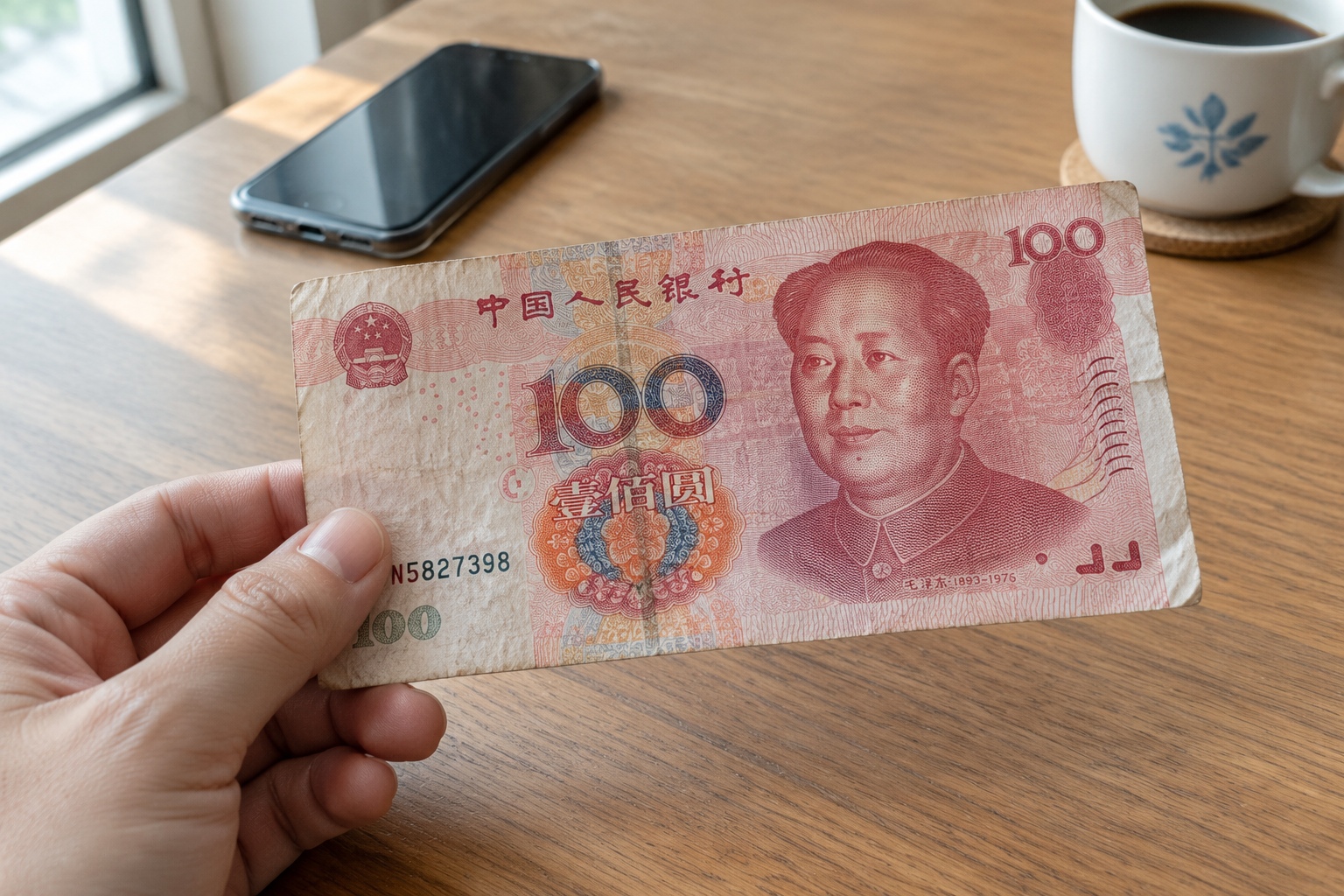 A crumpled and washed 100-yuan banknote held in a hand above a desk, symbolizing the fate of physical cash in a mobile payment society