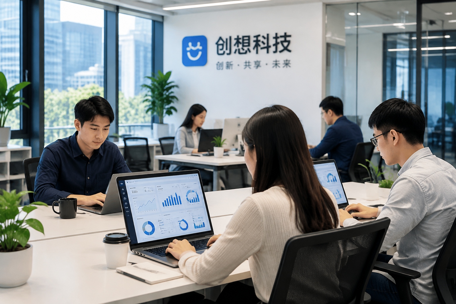Tech professionals analyzing user data and ecosystem performance in a modern Chinese technology firm