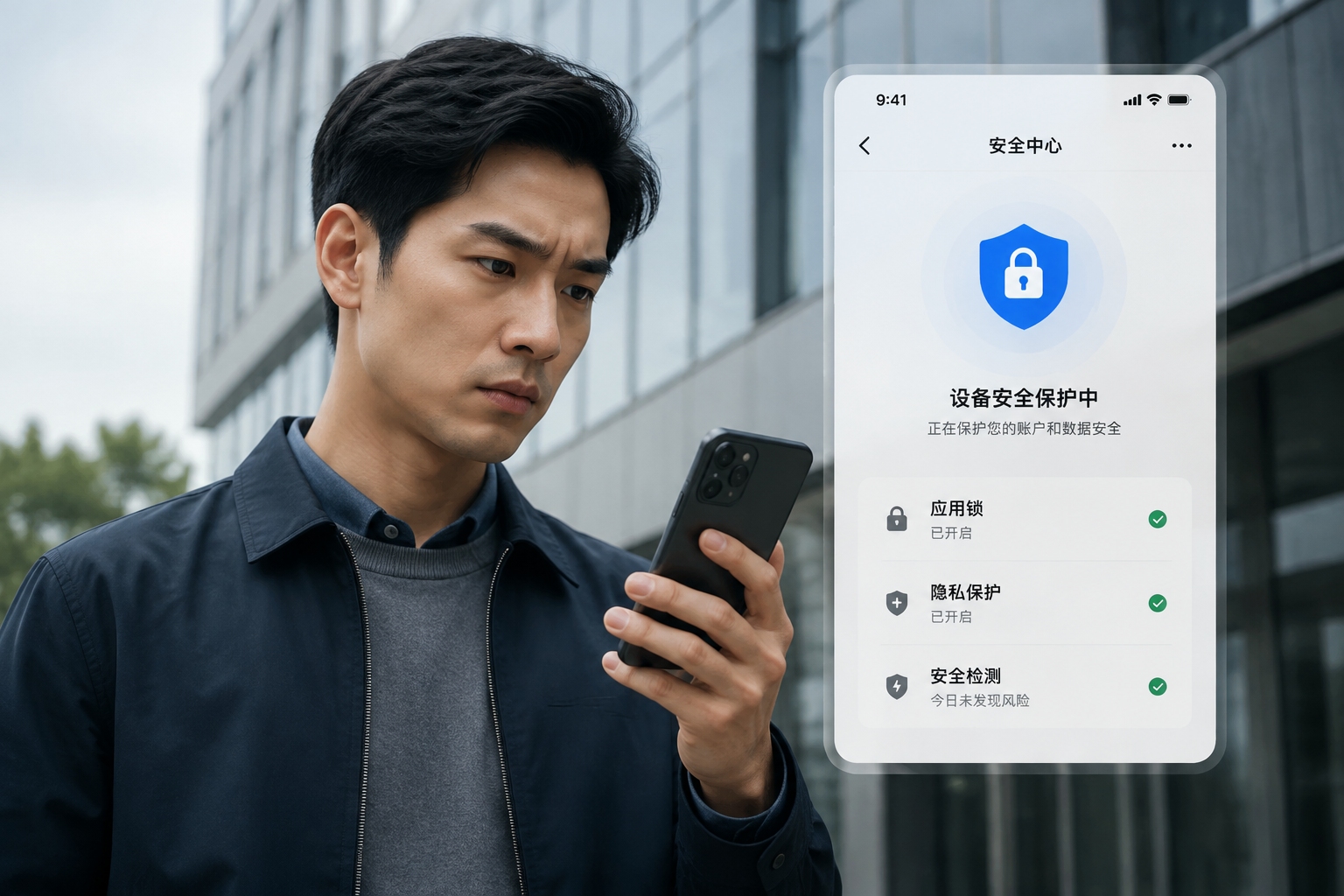 A user contemplating data privacy concerns while using a mobile super-app in an urban setting