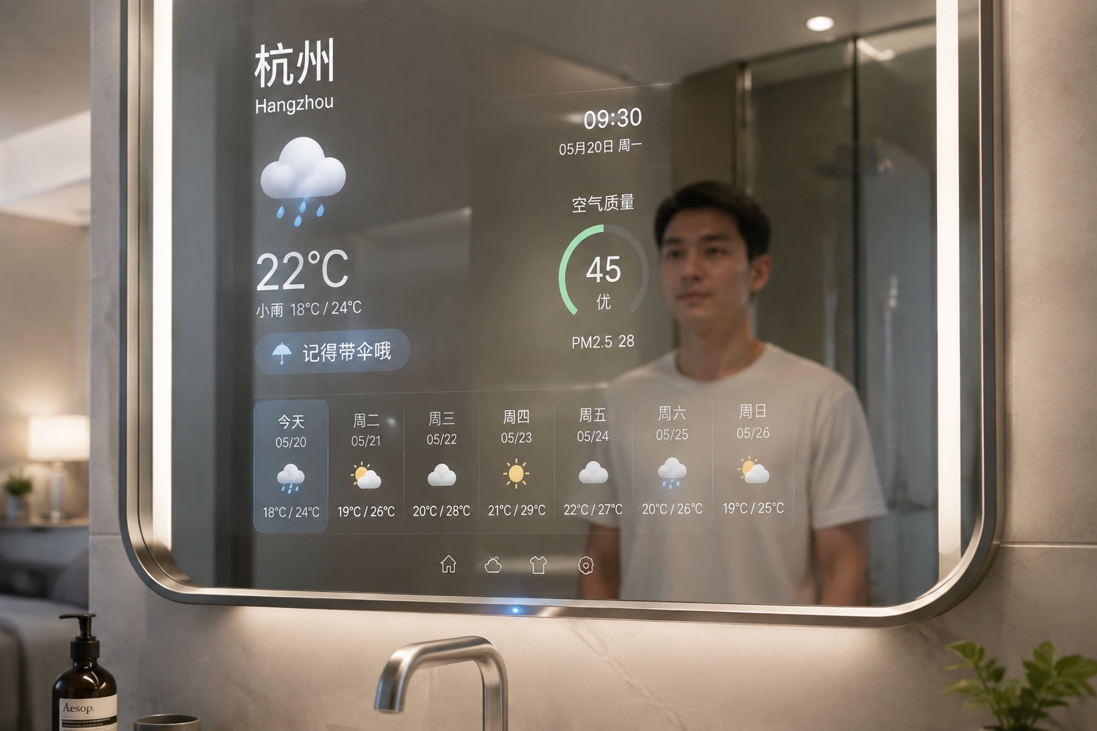 Smart mirror in a Chinese hotel bathroom displaying a weather forecast with temperature, air quality, and a reminder to bring an umbrella