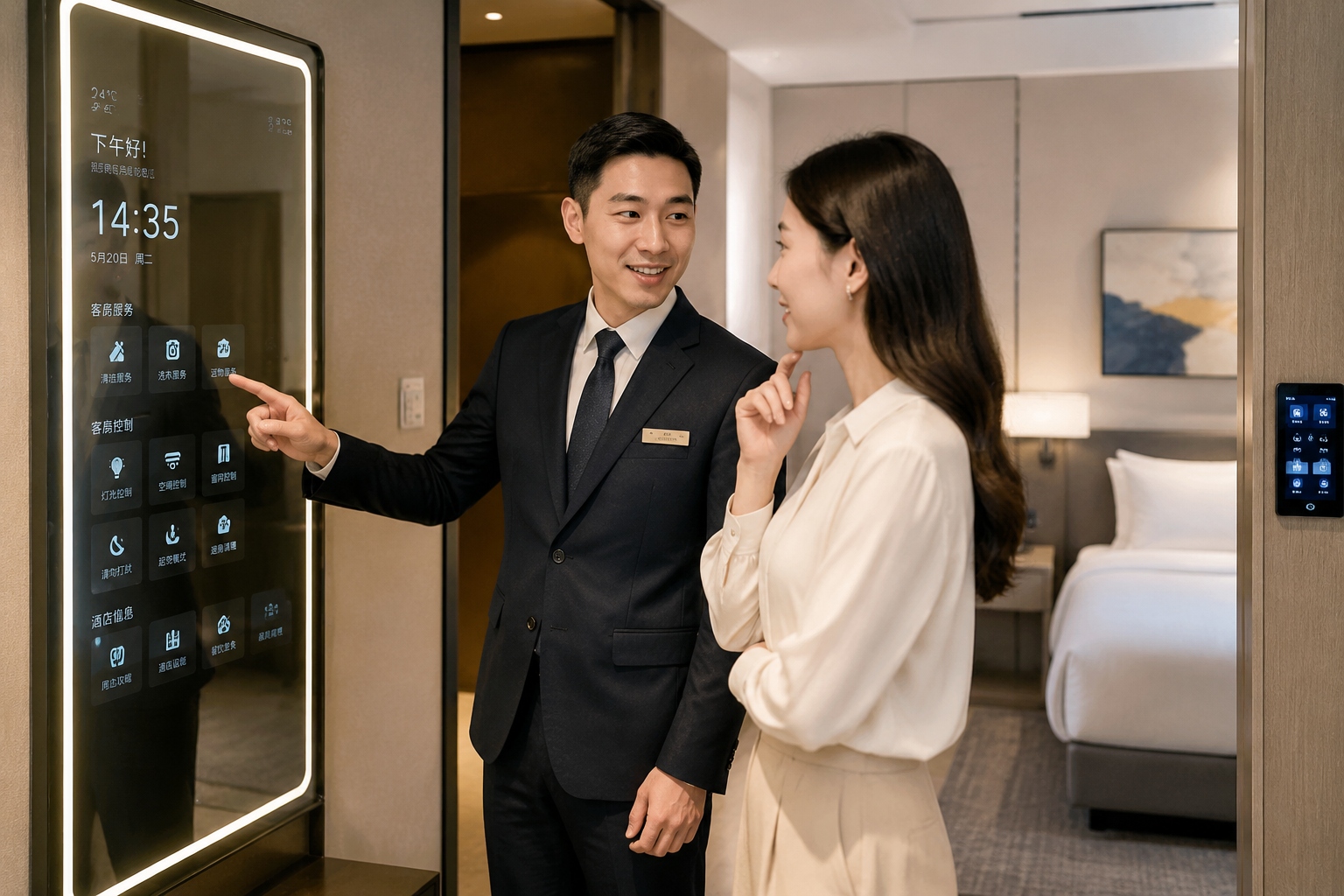 Hotel manager explaining the smart mirror features to a guest in a modern Chinese hotel room