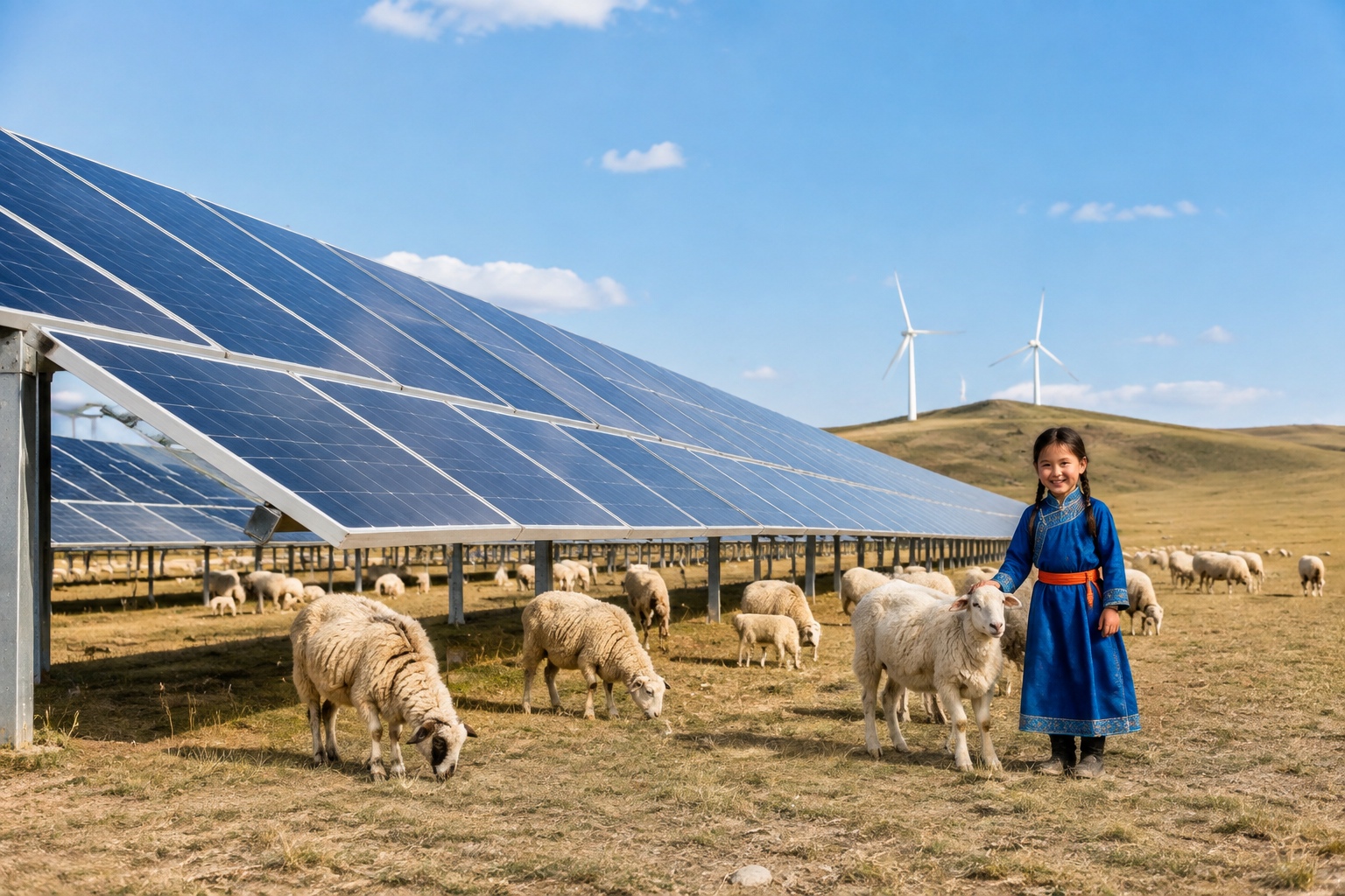 Sheep graze under solar panels at the Ordos Zero-Carbon Industrial Park, showing how renewable energy coexists with grassland ecology.