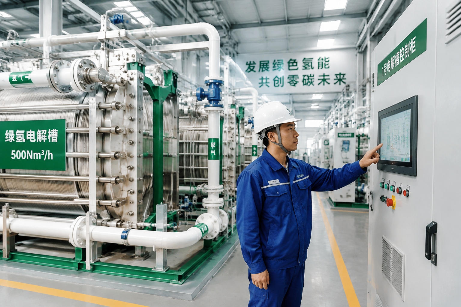 A worker inspects alkaline electrolyzer units at the green hydrogen plant in the Ordos Zero-Carbon Industrial Park.