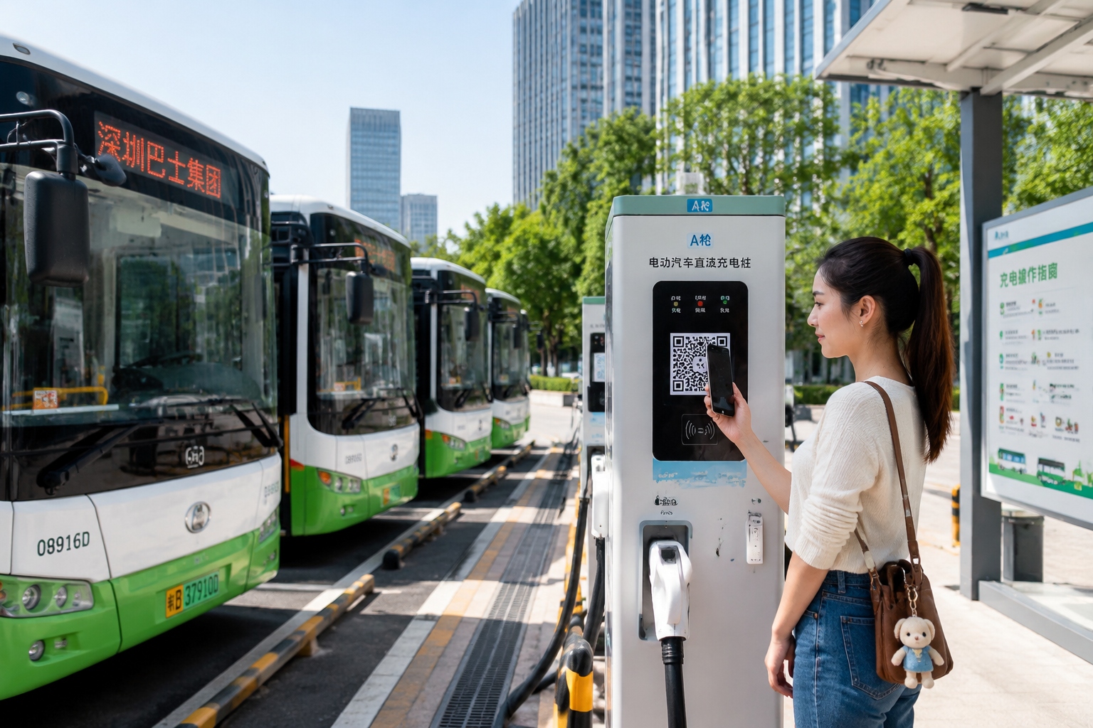 Electric buses charge at a public station while a young woman scans a QR code on a charging pile in a Chinese city.