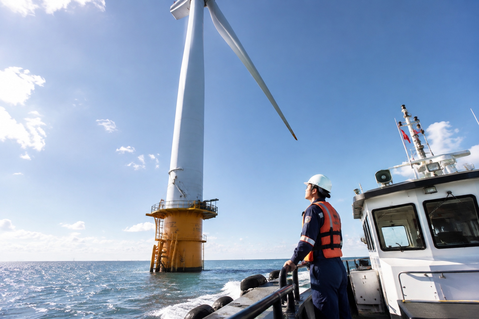 Wind Turbines Bigger Than the Eiffel Tower: China's Offshore Giants Reshape Energy 22 Small crew boat beside a giant offshore wind turbine, crew member looking up at the towering structure, clearly showing the scale of the turbine.