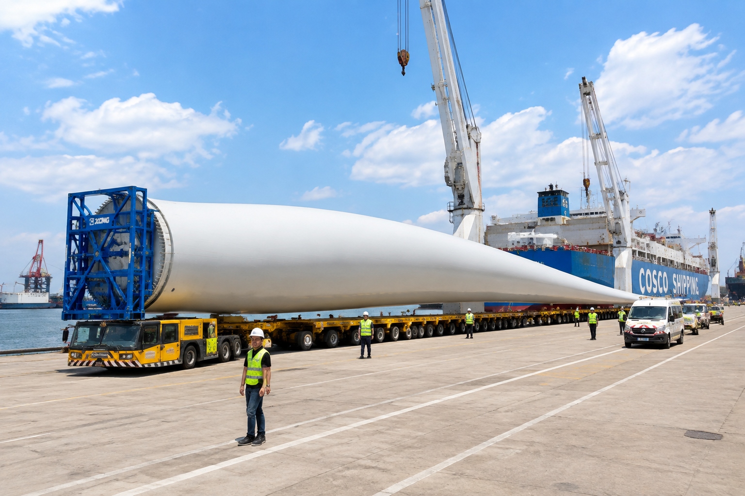 Wind Turbines Bigger Than the Eiffel Tower: China's Offshore Giants Reshape Energy 23 Massive wind turbine blade being transported through a port, longer than nearby buildings, surrounded by workers and trucks.