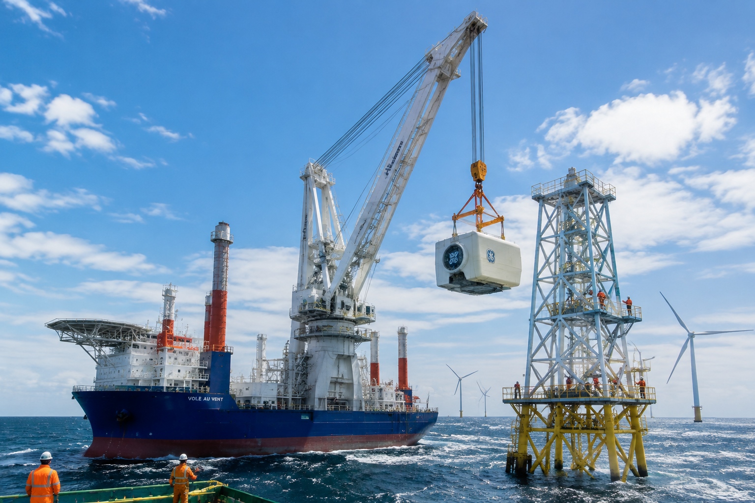 Wind Turbines Bigger Than the Eiffel Tower: China's Offshore Giants Reshape Energy 24 Offshore installation vessel crane lifting a wind turbine nacelle onto the tower structure, with other turbines in the background.