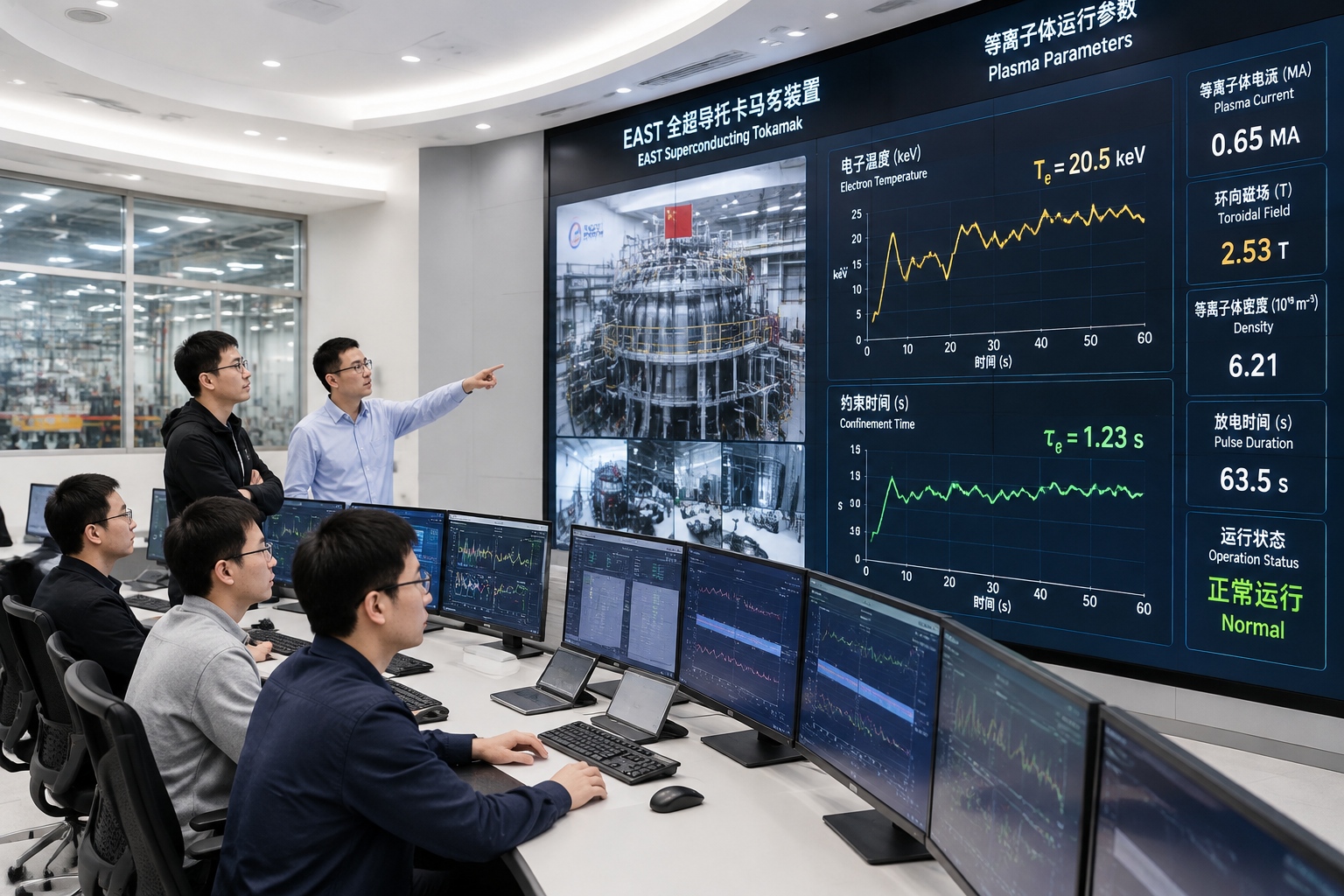 Researchers at the EAST fusion control room monitor a record plasma run