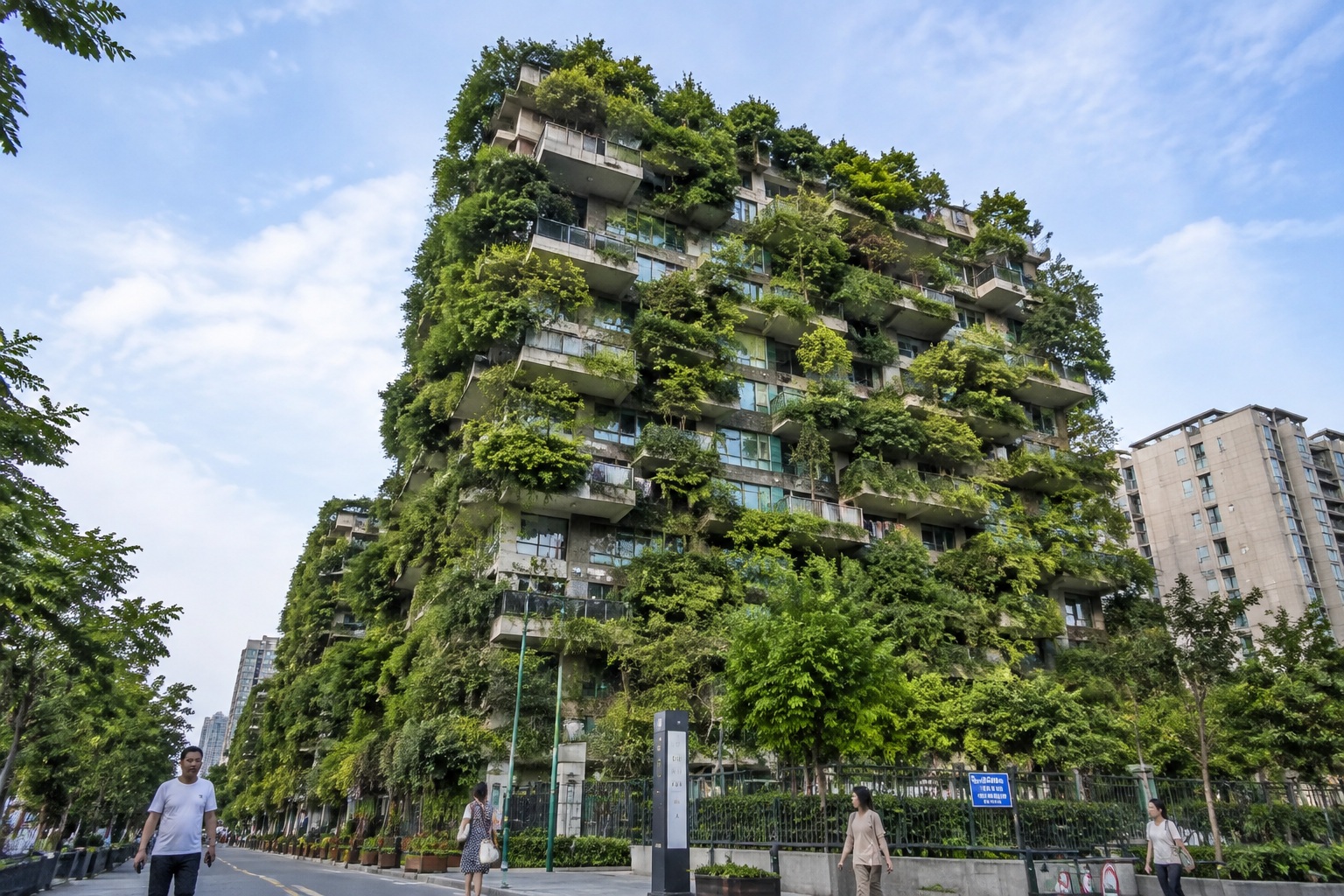 Residents' balconies on a vertical forest apartment building in Chengdu, covered with trees, shrubs, and laundry hanging between the leaves
