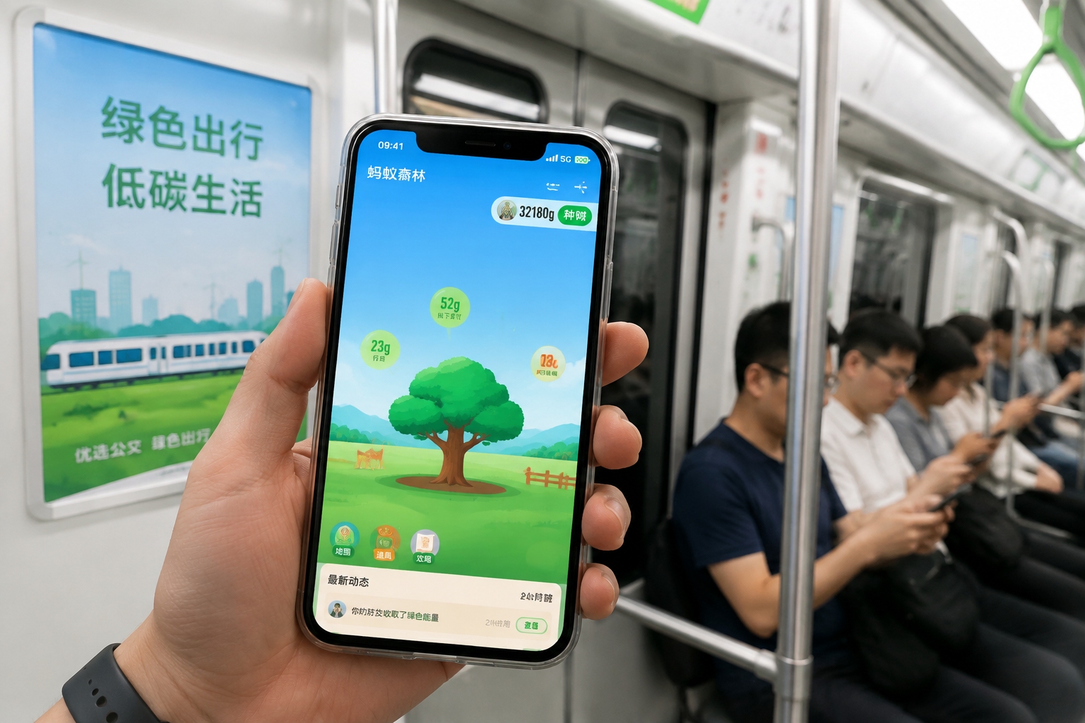 A commuter in Beijing collects green energy from Ant Forest on her phone inside a subway train