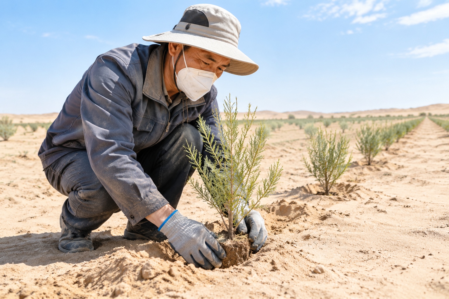 A herder plants saxaul seedlings on an Ant Forest site in Inner Mongolia to fight desertification