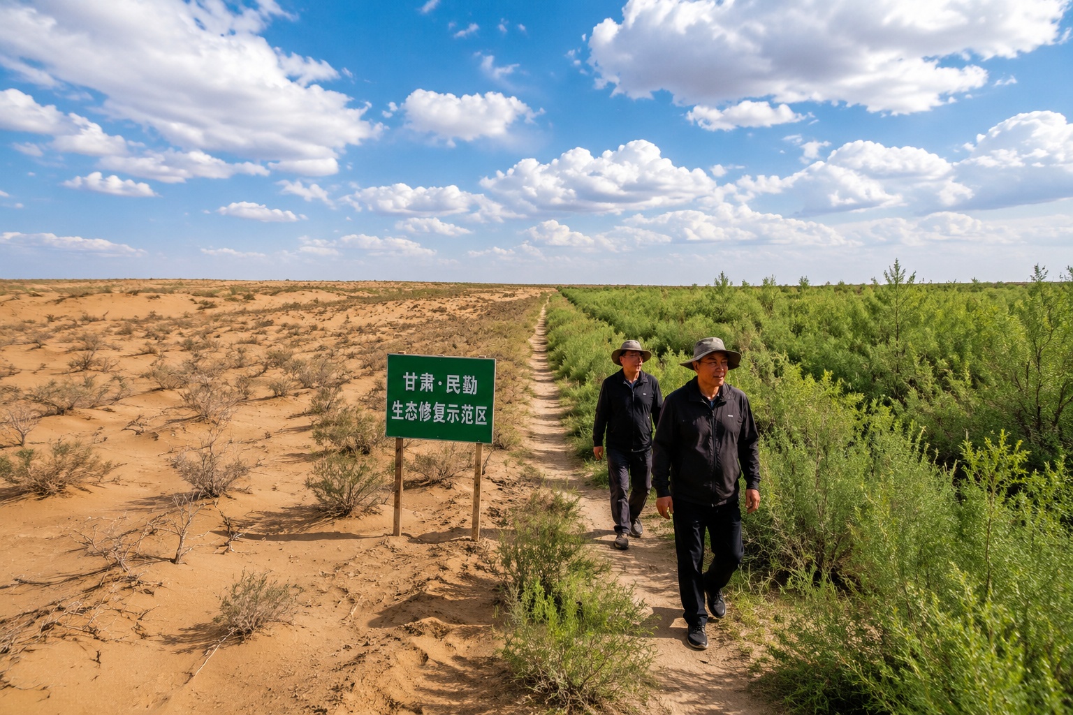 A restored planting area in Gansu, China, shows green shrubs growing in a once barren landscape