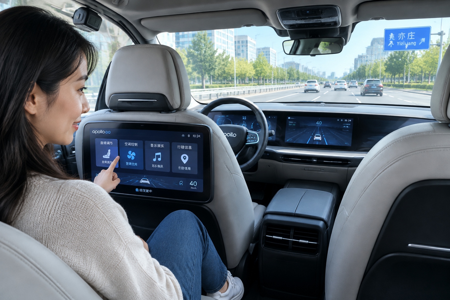 My Taxi Has No Driver: A Ride in Beijing's Robotaxi 23 Passenger using the touchscreen in a Beijing robotaxi while the steering wheel moves on its own