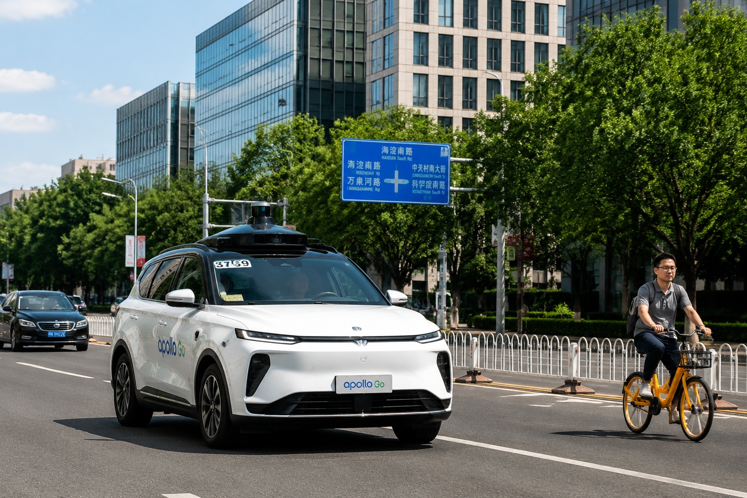 My Taxi Has No Driver: A Ride in Beijing's Robotaxi 24 White Apollo Go self-driving taxi driving along a Beijing street in Yizhuang