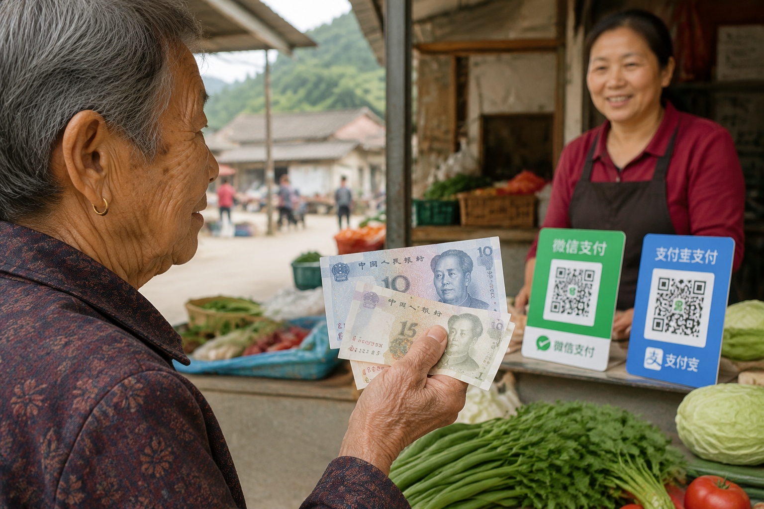 Elderly vendor holding cash in a rural market