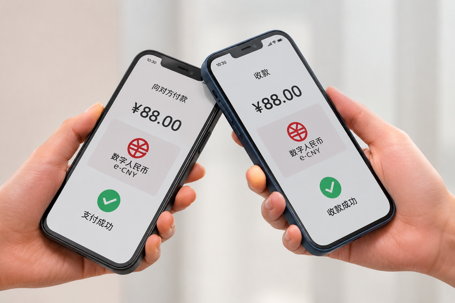 Smartphones demonstrating offline digital currency transfer