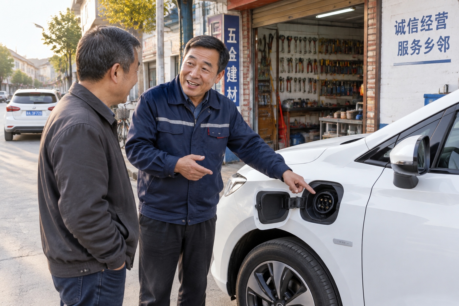 Lao Zhou, a retired diesel mechanic, shows a neighbor the charging port of his electric car outside his repair shop in a Chinese town.
