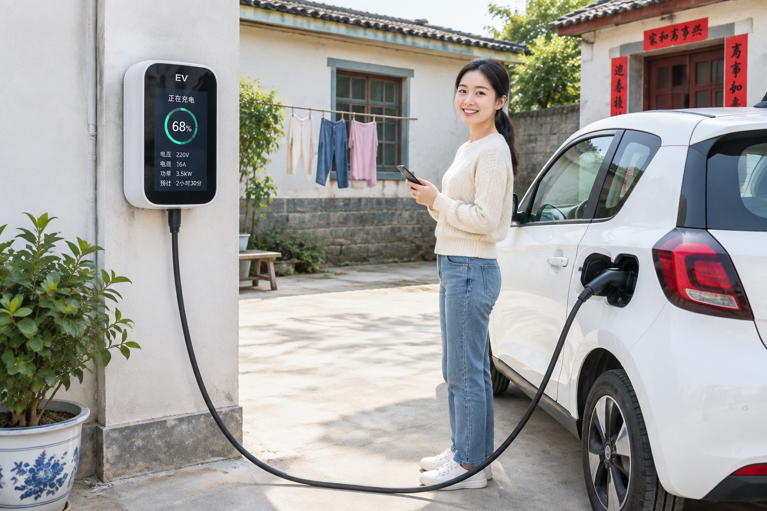 A home EV charger installed in a Chinese rural courtyard, with a white electric car plugged in and a small screen showing charging progress.