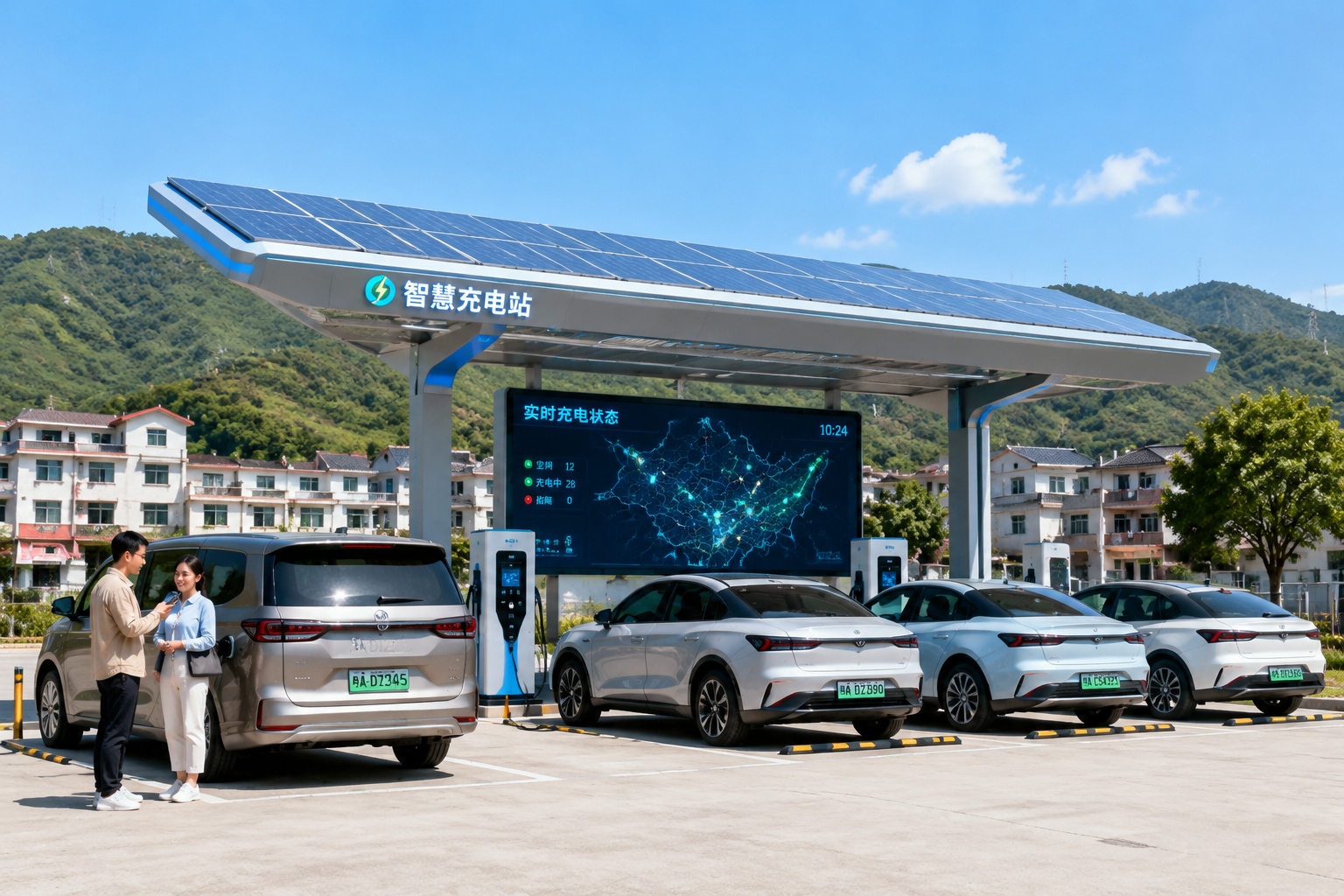 Smart charging station with a solar canopy in a Chinese town, where several electric vehicles are charging and a delivery worker checks the charging app on her phone.